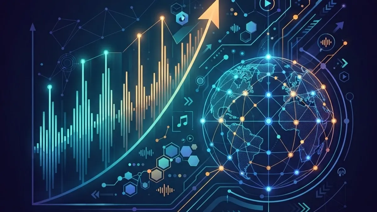 Future of AI generated music with growth chart and waveform bars