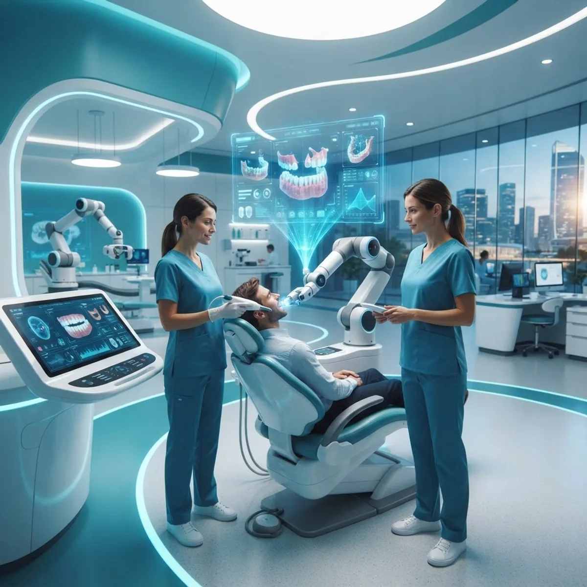 The future of AI in dentistry with a futuristic clinic and holographic displays