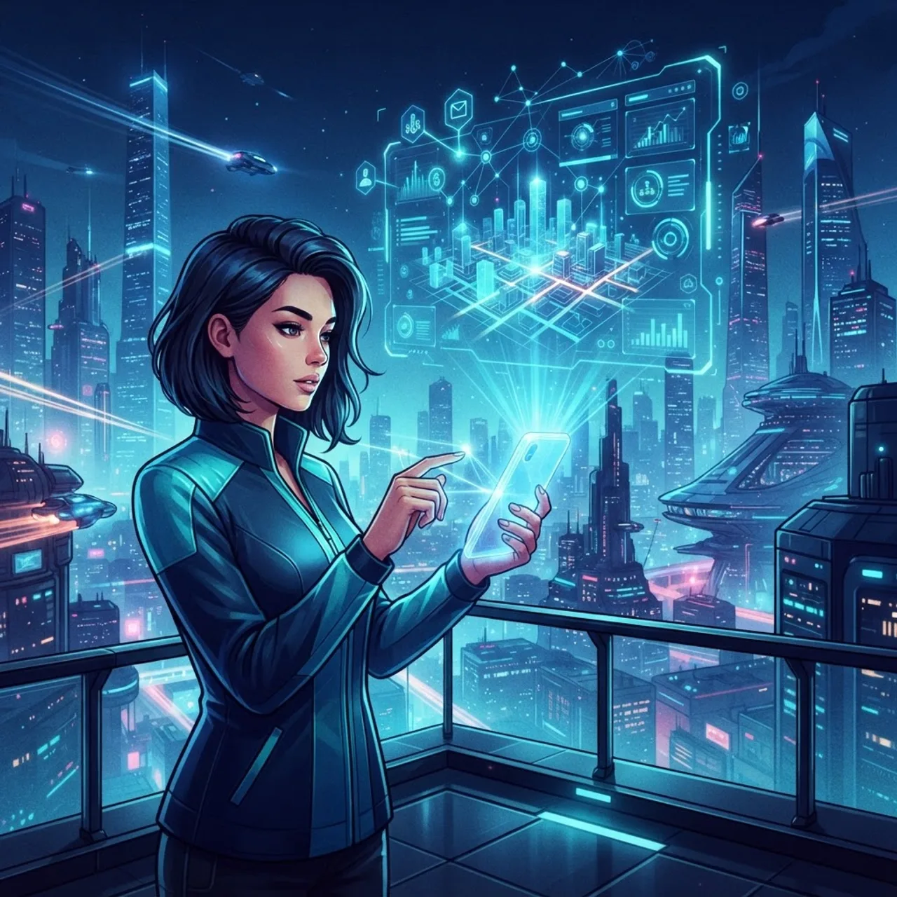 Futuristic smartphone projecting holographic AR interface