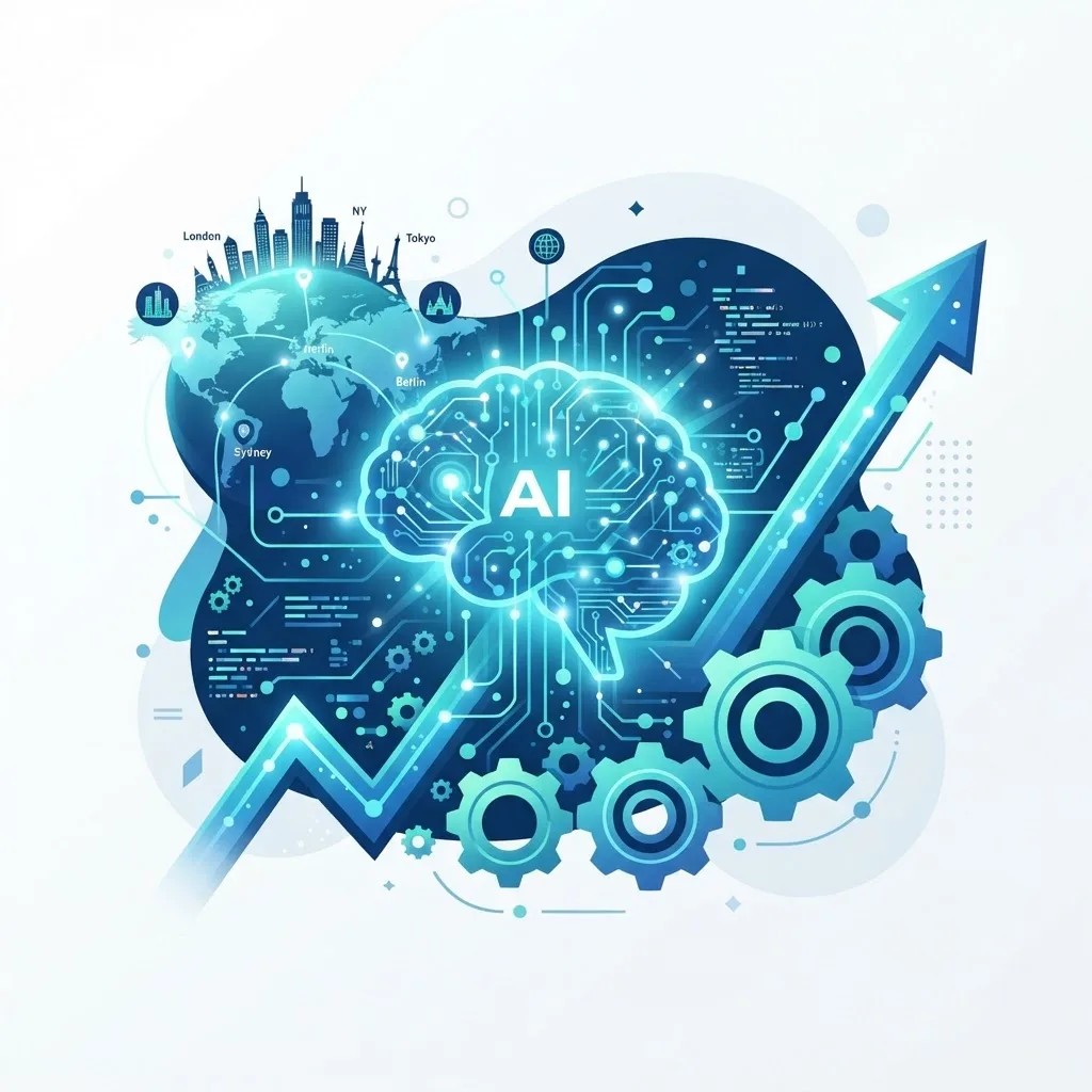 Futuristic vision of AI outsourcing with a glowing AI brain connected to global partners