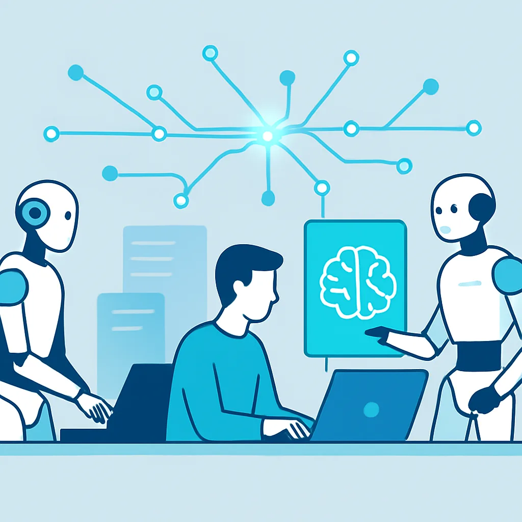 Computers and robots working together in a smart automated future