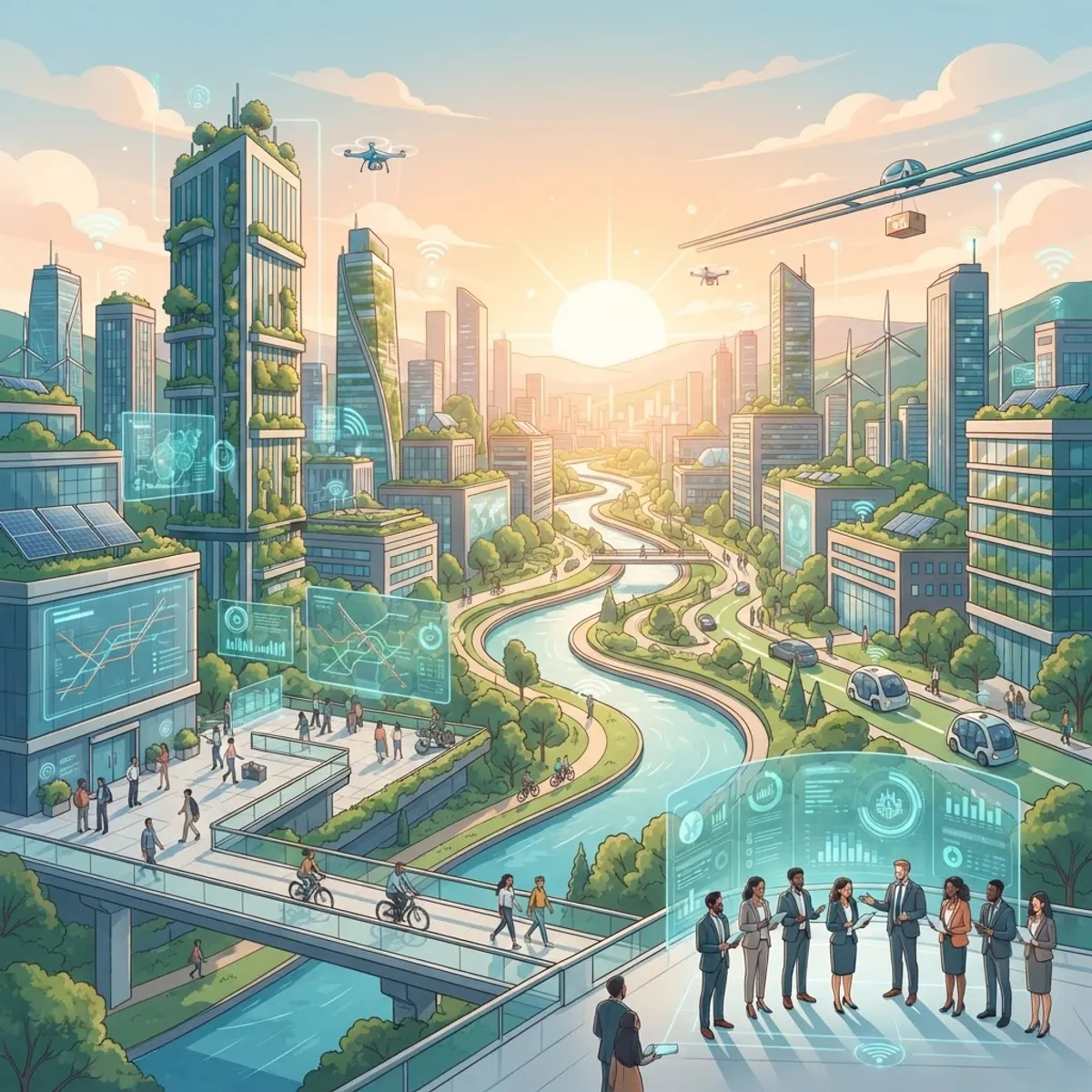 Sunrise over a smart, green city where technology and people thrive together