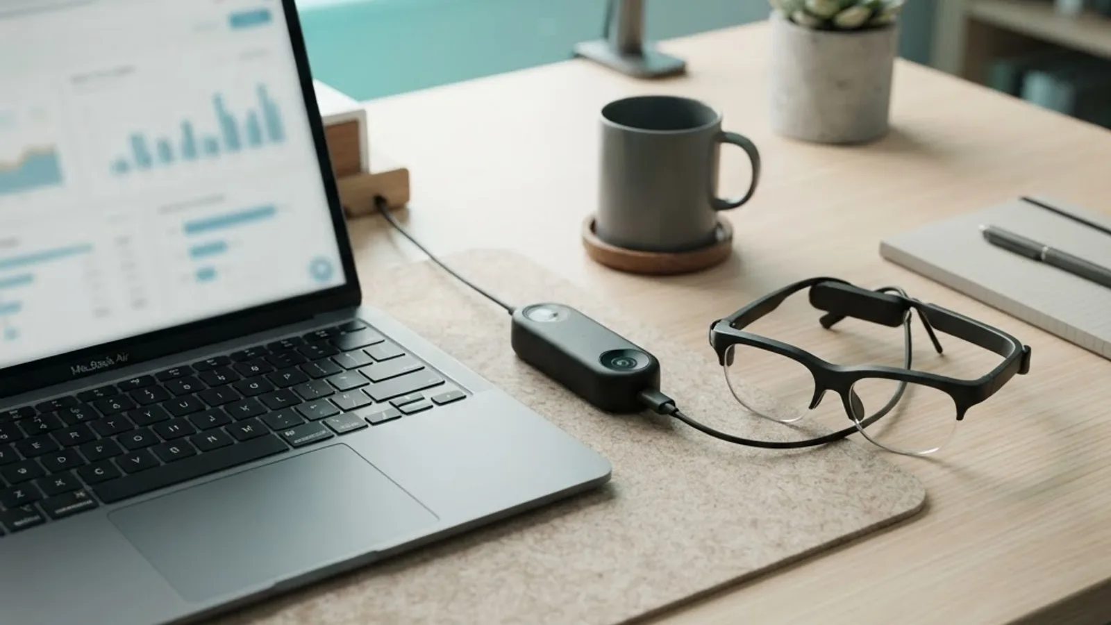 Compact eye tracking module beside a laptop and smart glasses