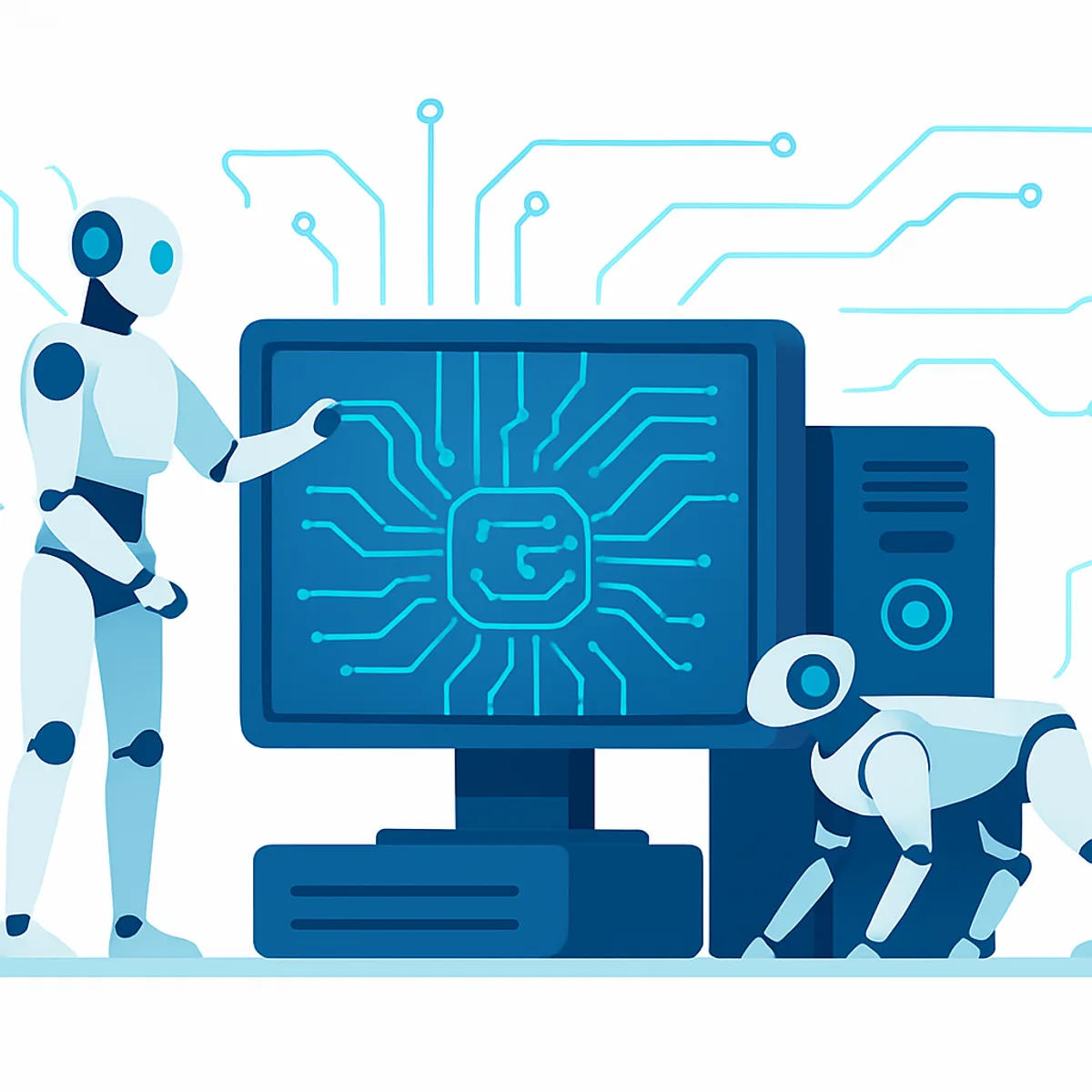 Futuristic illustration of advanced robots and computers working together