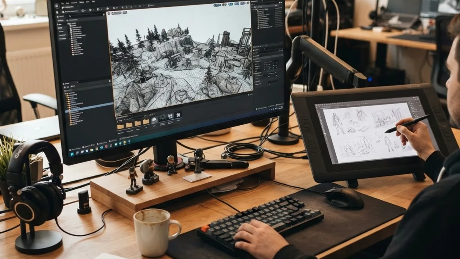 Game development studio with 3D engine editor workflow on screen