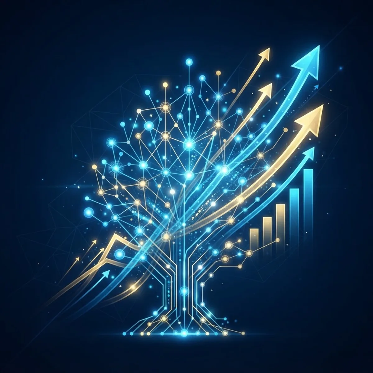 Neural network expanding with rising graph arrows showing AI trends