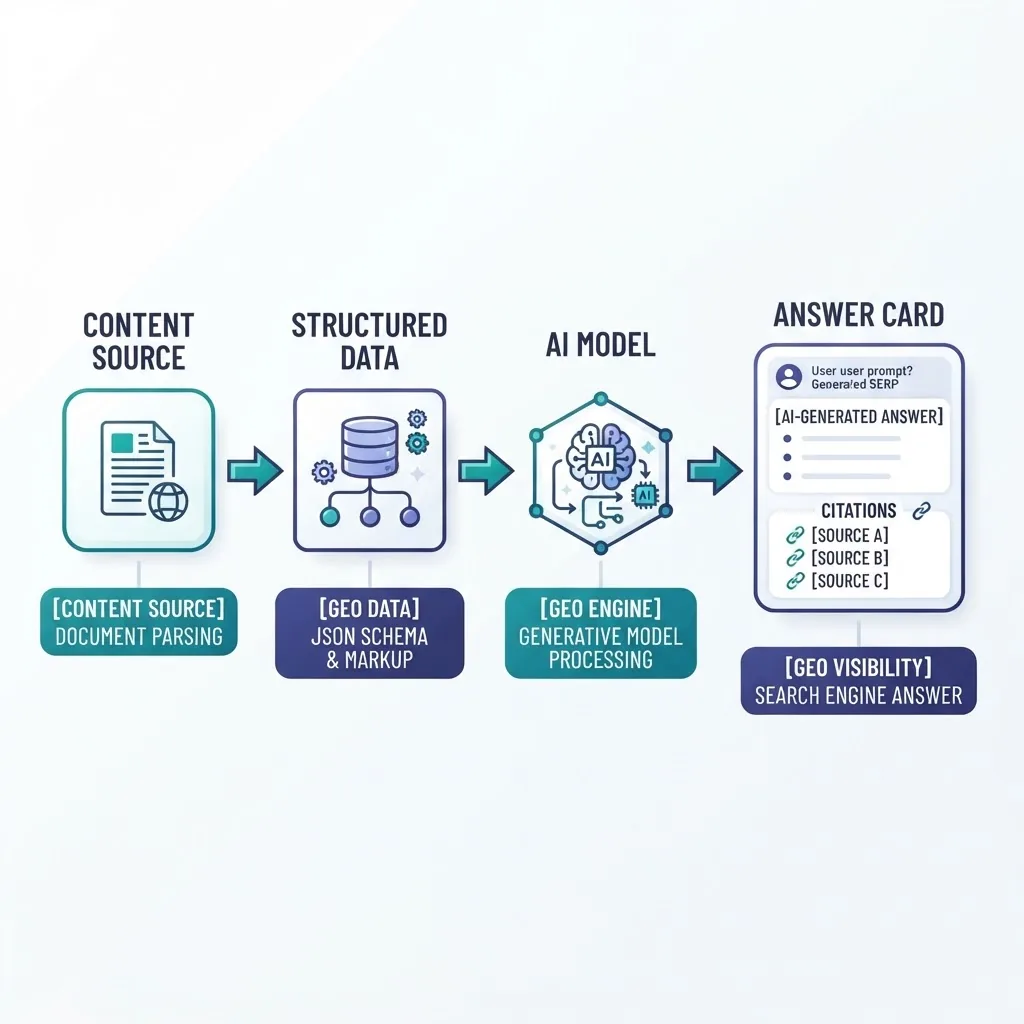 Workflow diagram of generative engine optimization from content to cited answer