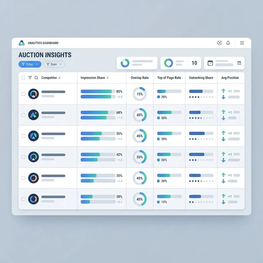 Auction insights report with impression share bars and overlap donut charts