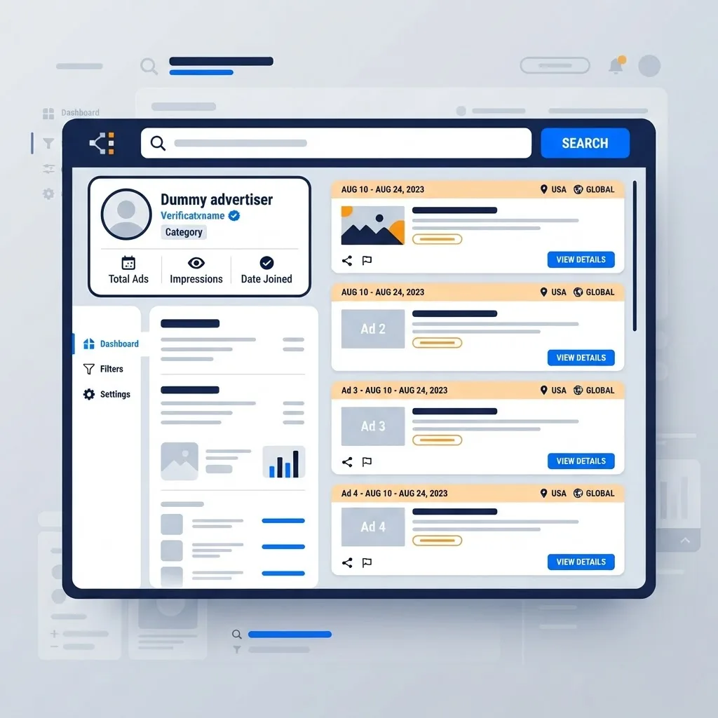 Ad transparency archive interface with advertiser profile and grid of ad creatives