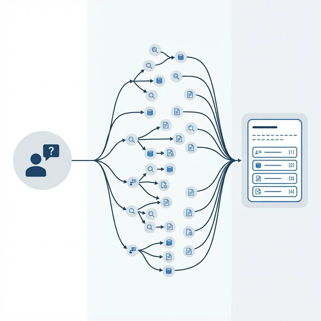 Query fan-out diagram showing one question branching into sub-queries then converging into a cited answer