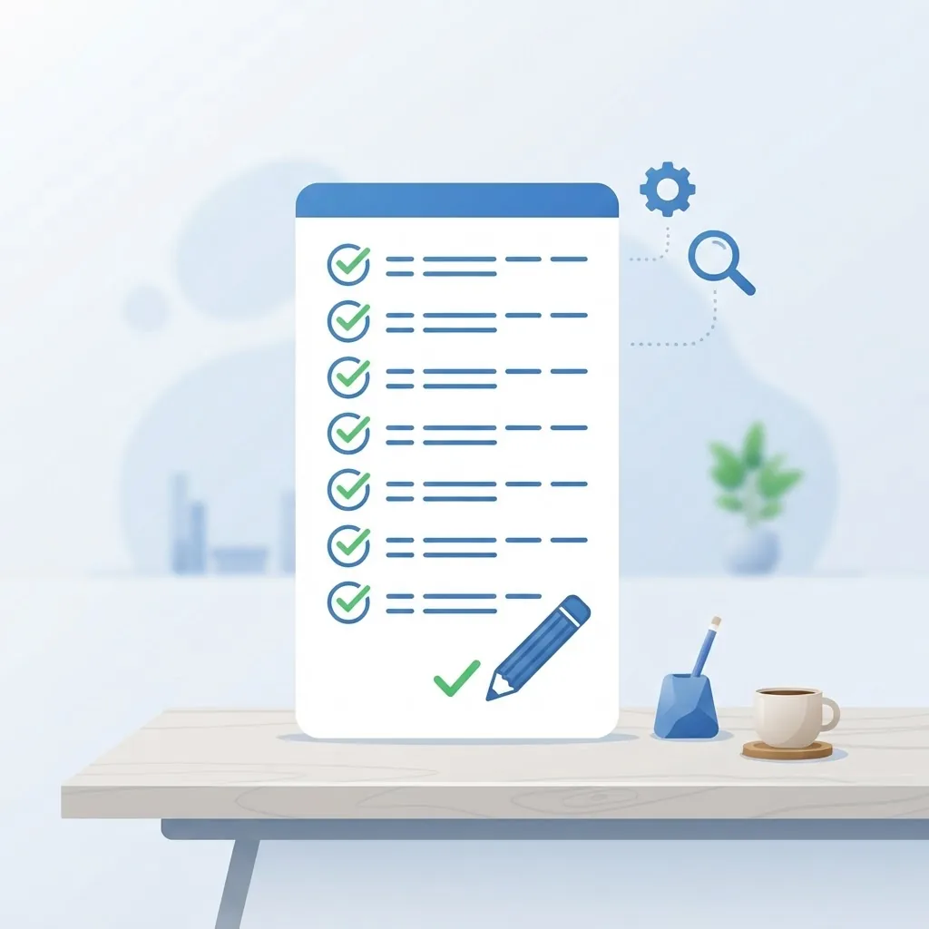 Completed SEO checklist card with checkmarks, pencil, gear and search icons