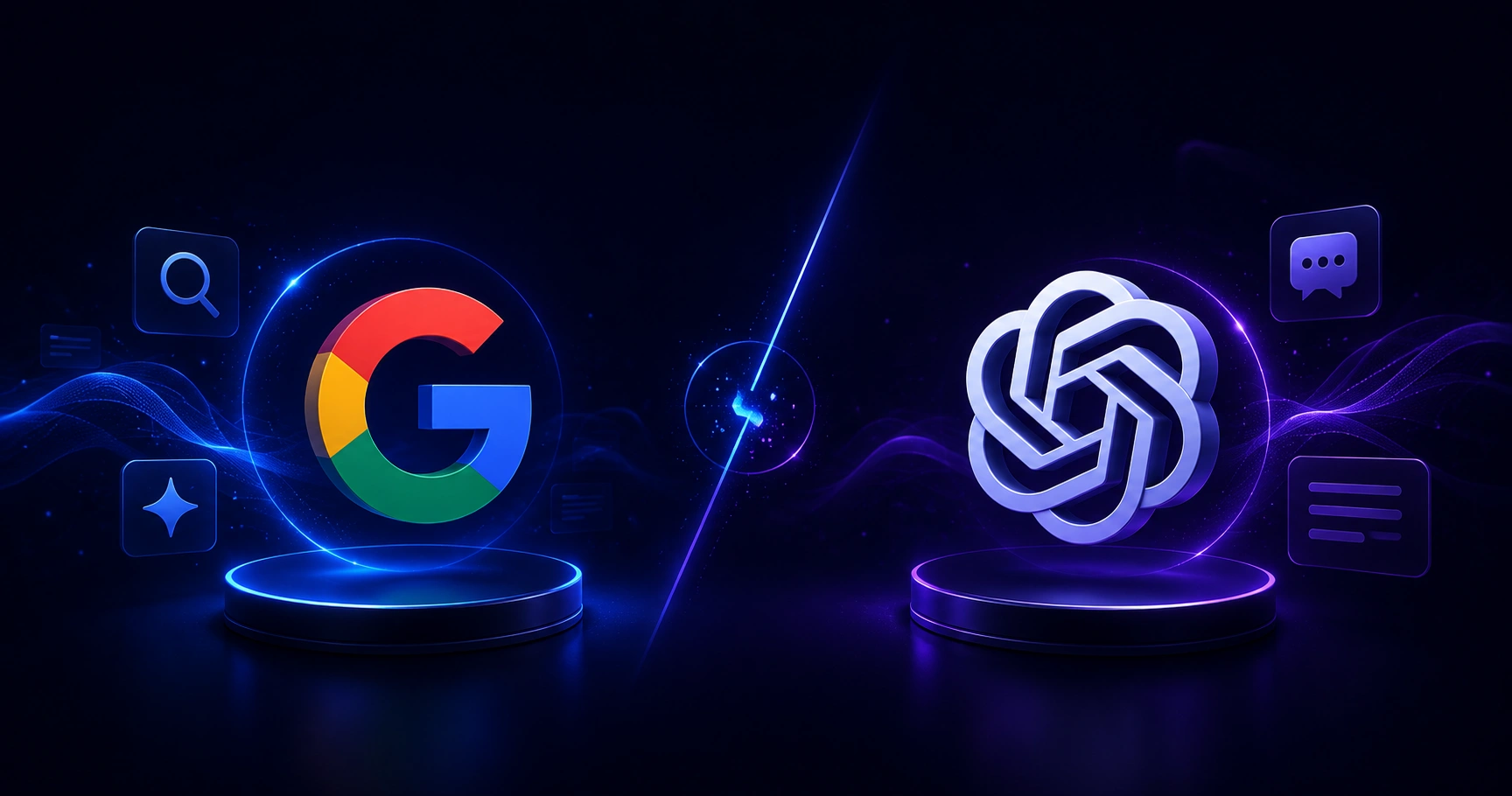 Split-screen comparison of Google AI Overviews and ChatGPT Search interfaces