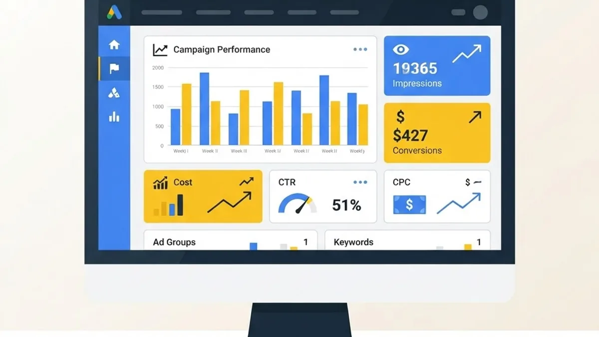 Google Display Ads campaign dashboard showing impressions and conversion metrics