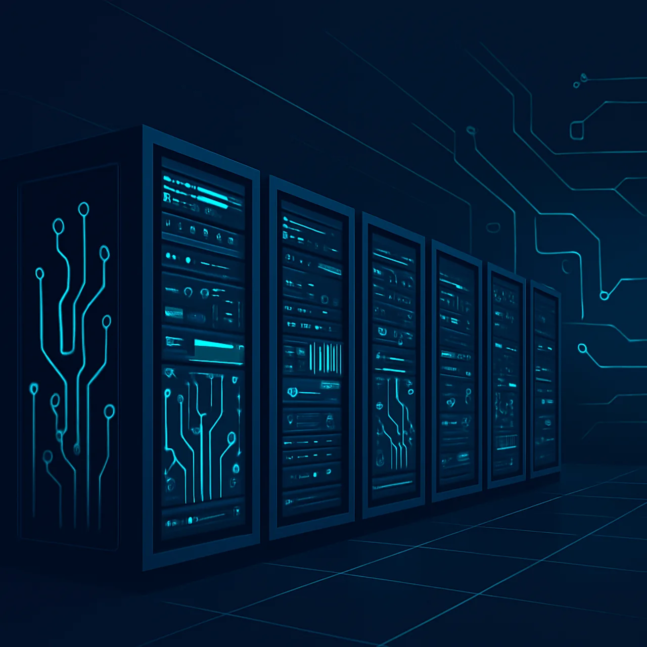 GPU compute data center with rows of glowing server racks