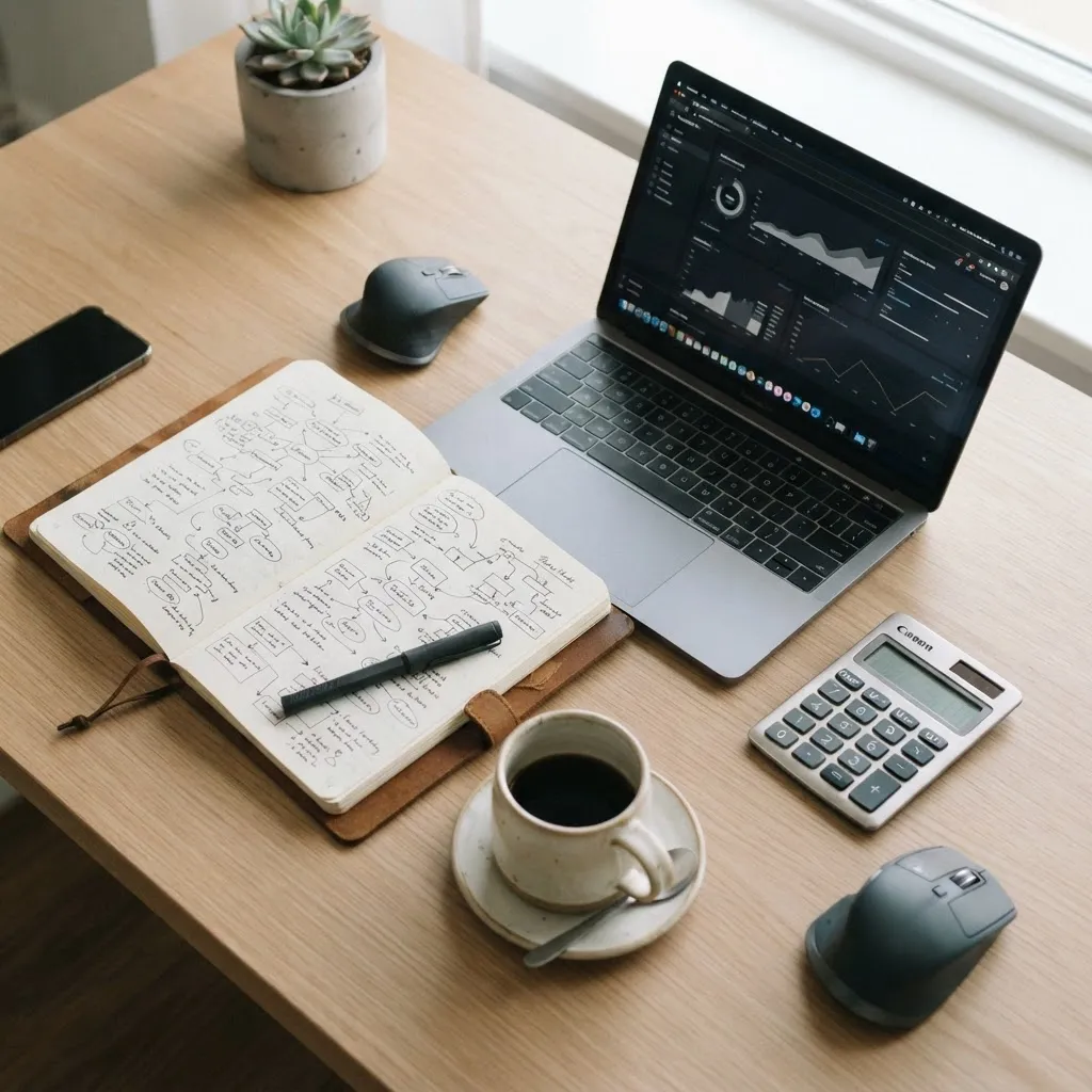 Business planning session with notebook, laptop charts, and calculator on a minimal desk