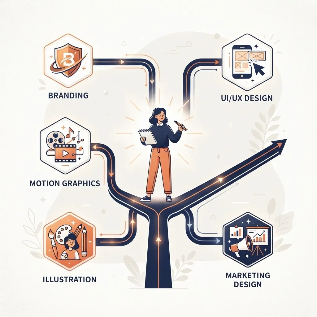 Designer at a crossroads with paths leading to branding, UX, motion, and marketing careers