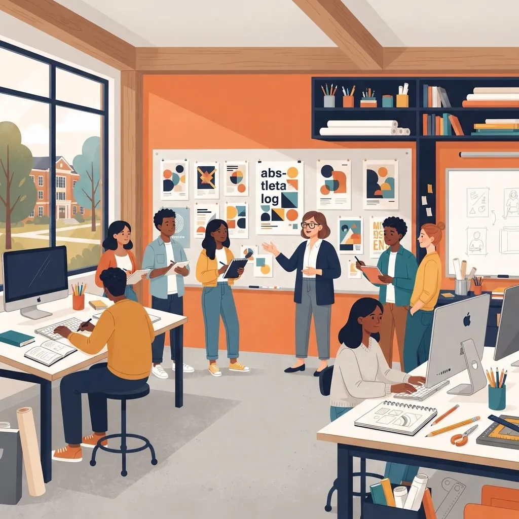 University graphic design classroom with students critiquing typography work