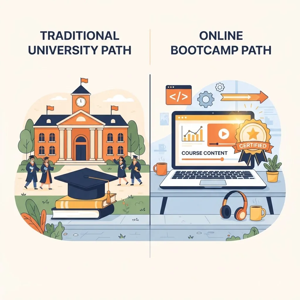 Side-by-side comparison of university education and online bootcamp learning paths