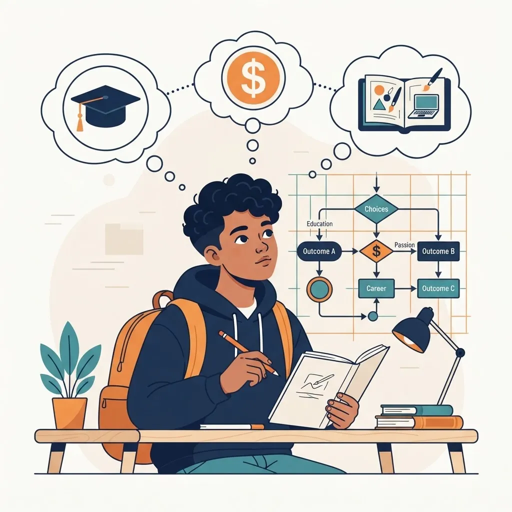 Student weighing graduation, cost, and portfolio options in a decision framework