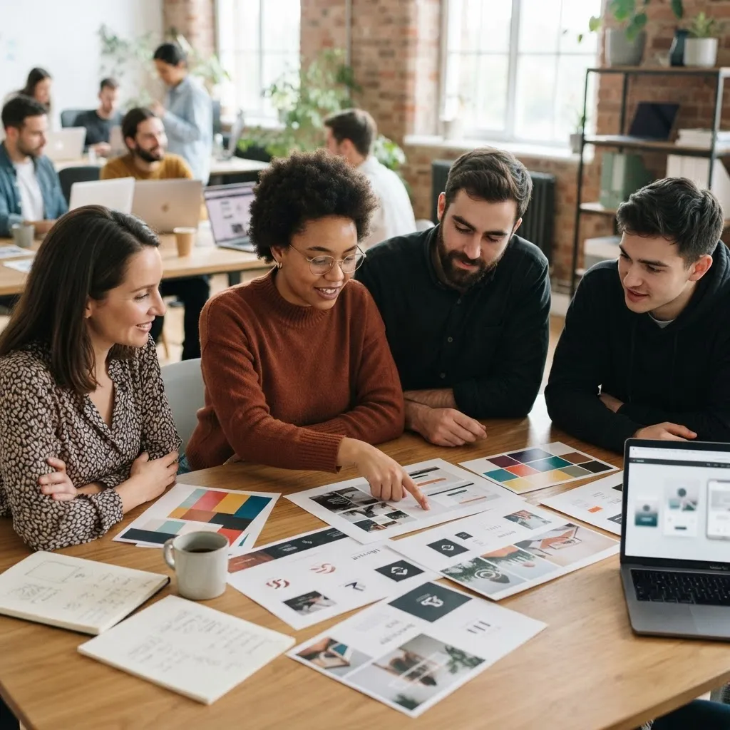 Creative team collaborating around a table with printed brand concepts and color palettes