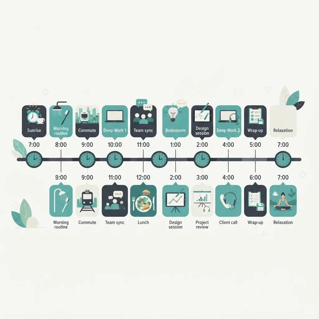 Flat-design infographic of a daily schedule timeline for a creative professional