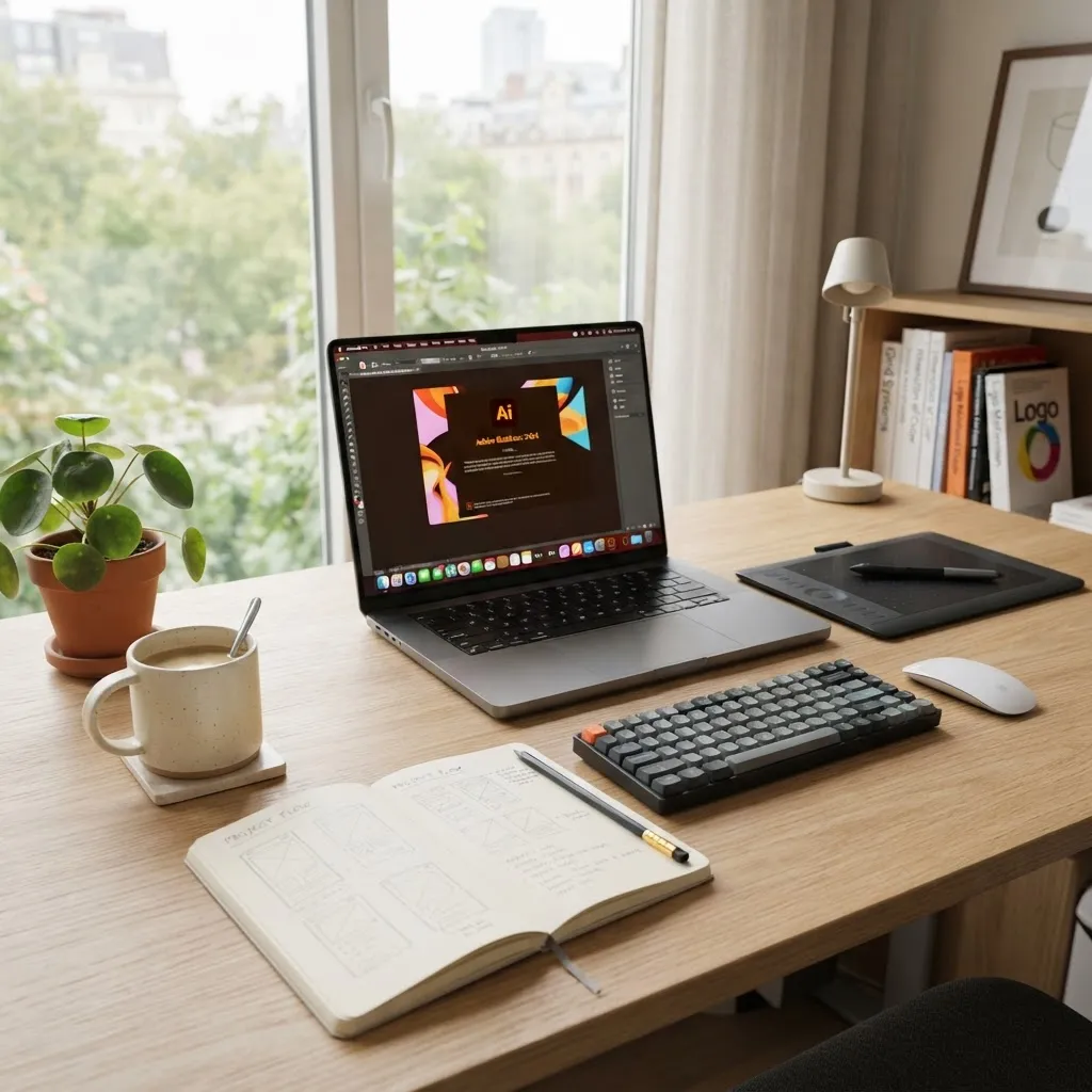 Graphic designer's tidy morning workspace with coffee, laptop, and sketchbook