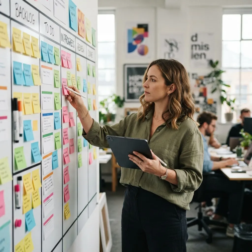 Designer organizing project tasks on a kanban board with sticky notes