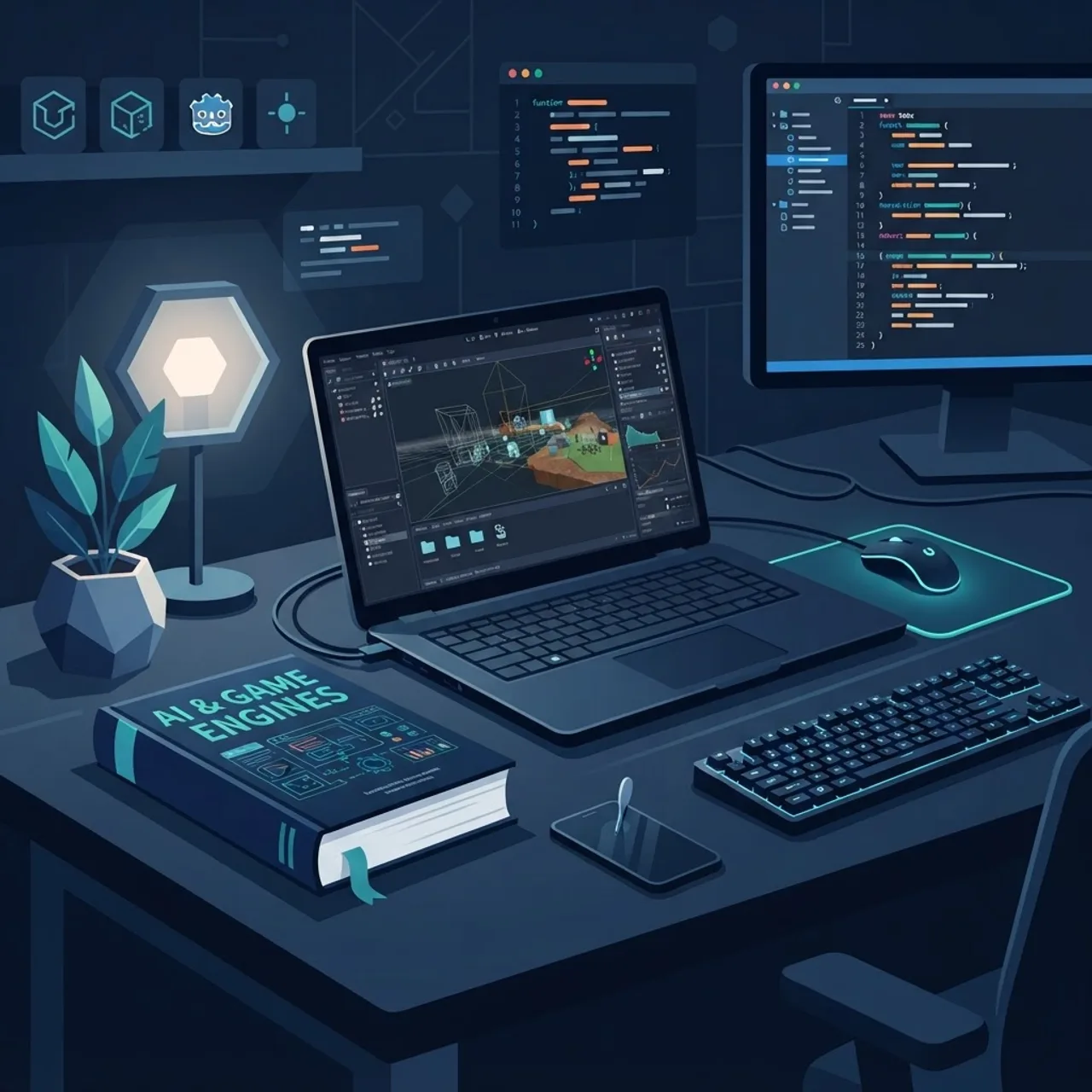 Book about AI and game engines on a developer desk