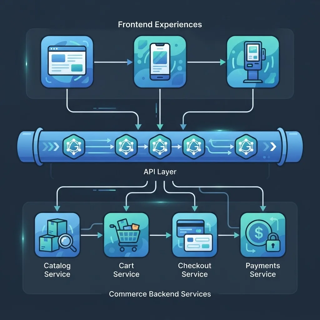 Headless ecommerce platform architecture diagram showing frontend, API and commerce backend layers