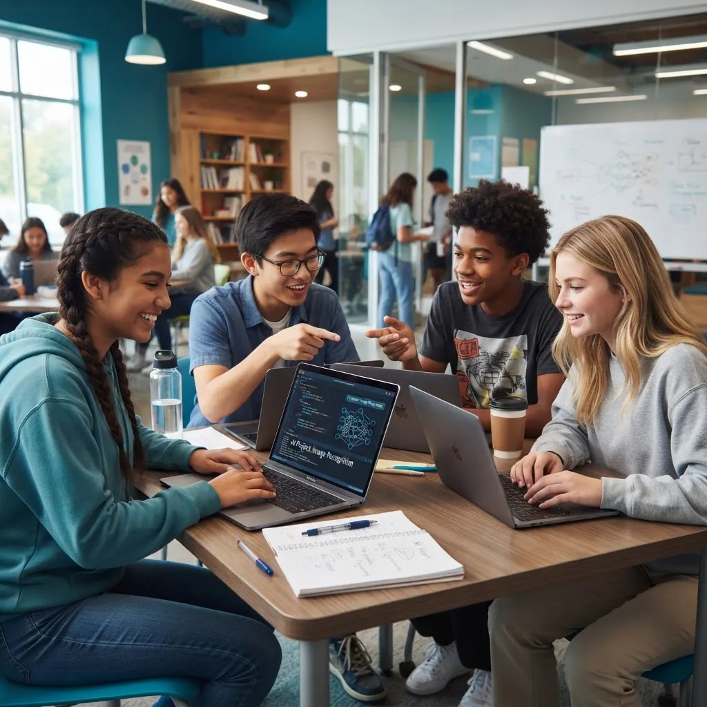 Teenagers collaborating on an AI coding project with laptops