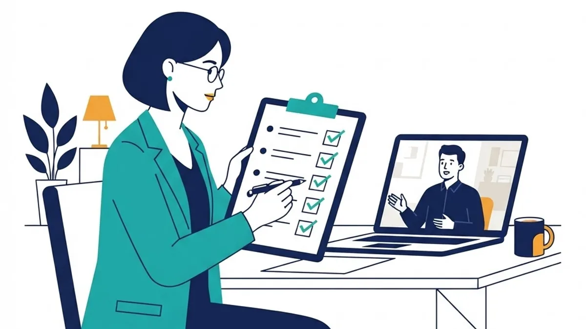 Business owner reviewing a hiring checklist during a consultant interview