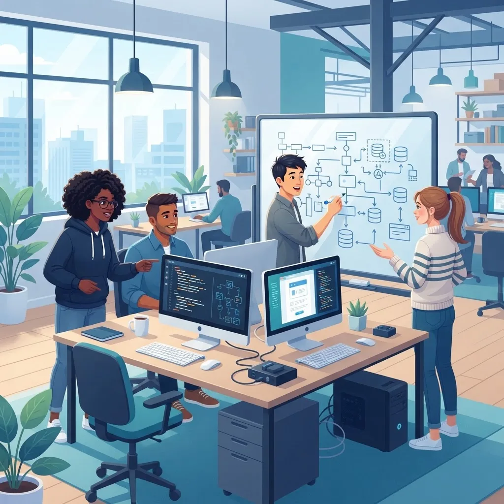 Desktop software development team collaborating on application architecture