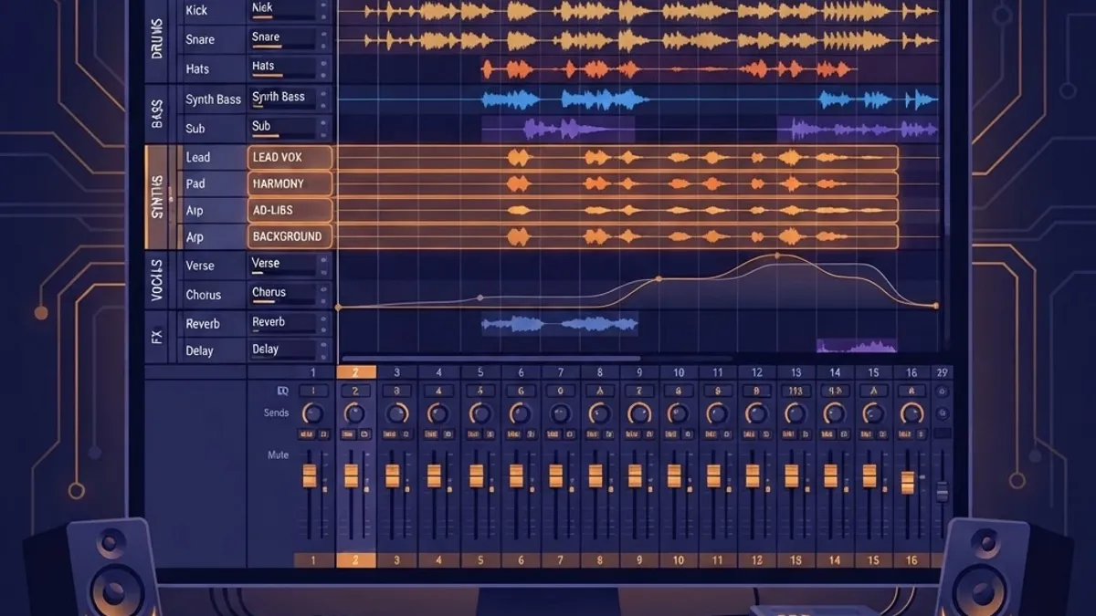 Music production workstation showing stem layers and AI processing