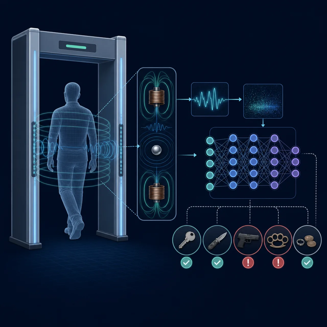 Diagram of how an AI metal detector senses and classifies objects