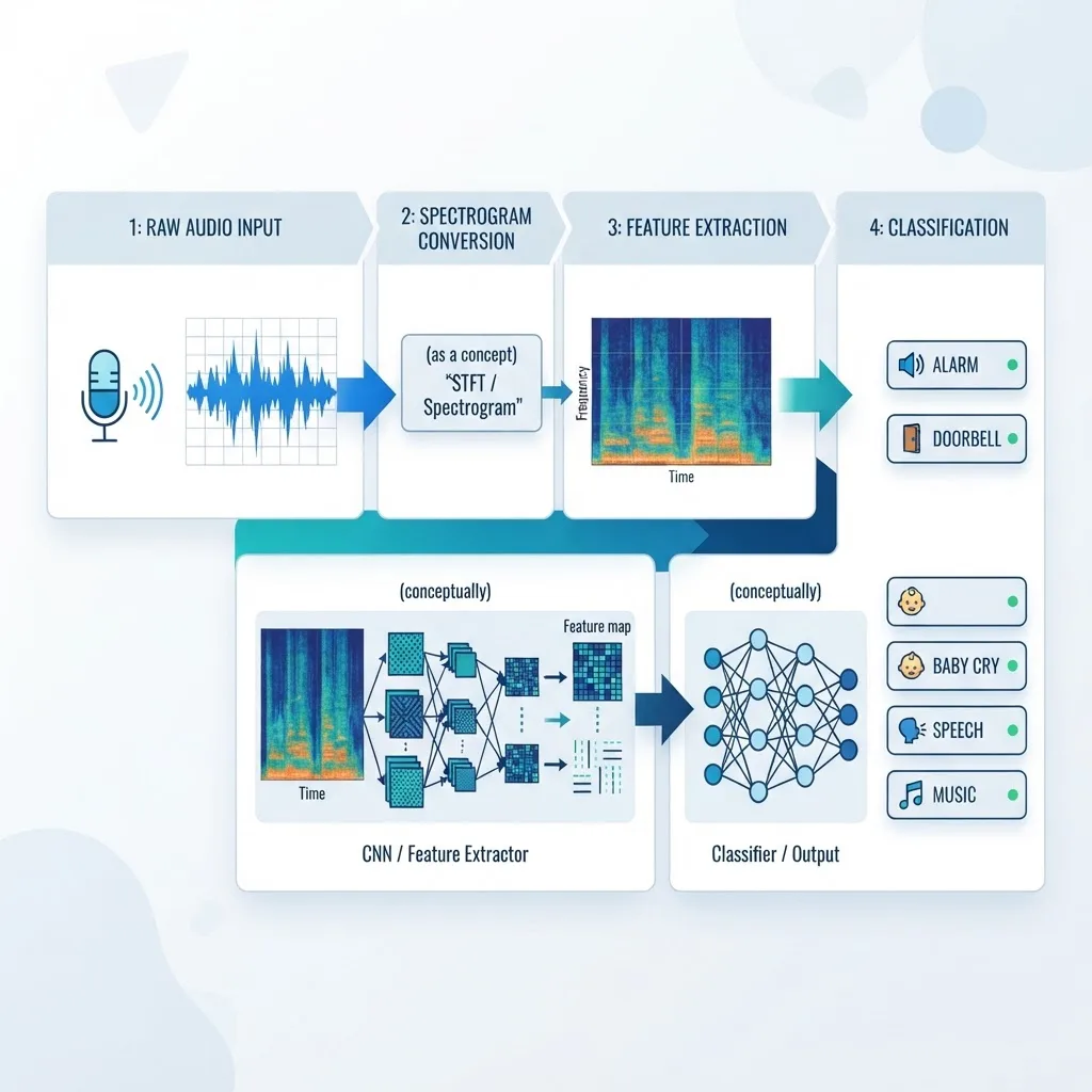 How audio event detection works pipeline from waveform to labels