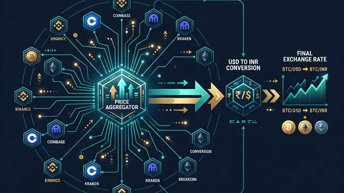 Global exchange nodes feeding a price aggregator with USD to INR conversion