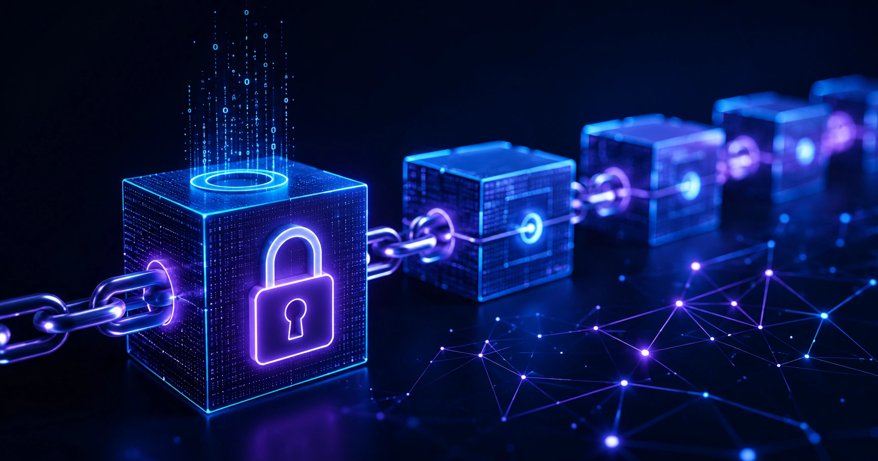 Chain of digital blocks each labeled with a cryptographic hash string