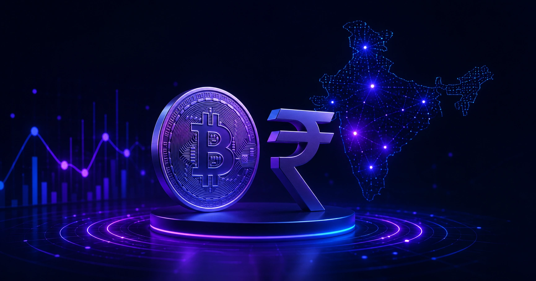 Bitcoin coin and Indian Rupee symbol connected by a conversion arrow