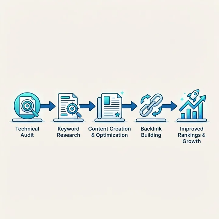 Diagram of the SEO agency workflow from technical audit to keyword research, content, links, and ranking growth