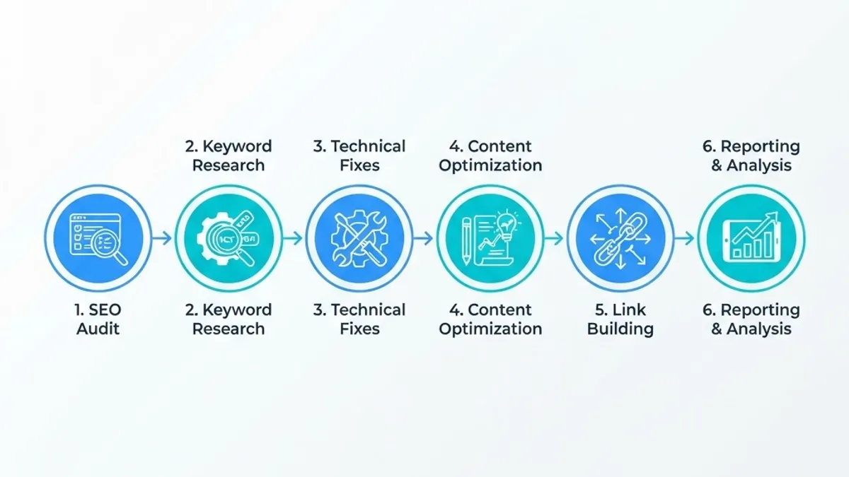 Diagram of the step by step SEO process from audit to reporting