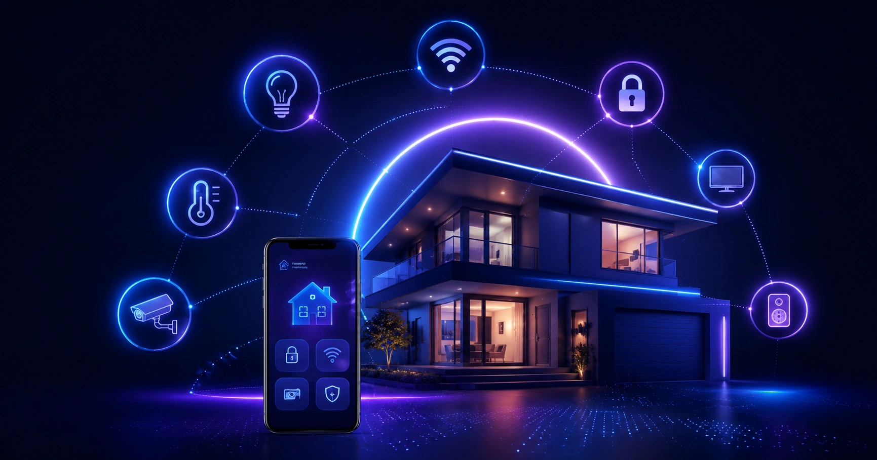 Modern connected smart home at dusk with linked devices