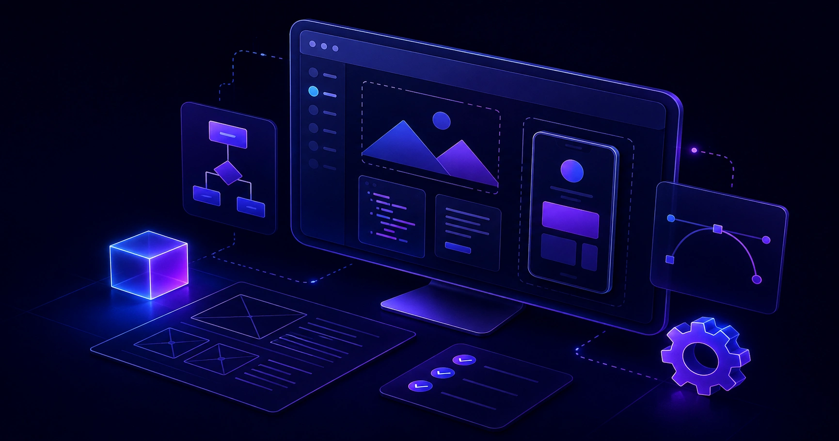 Web application design process illustration with dashboard wireframes