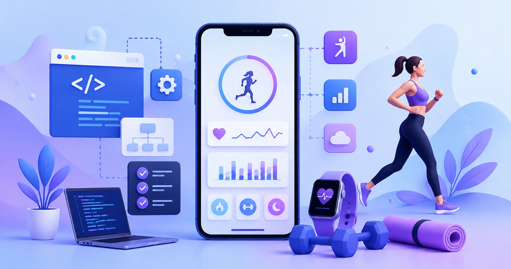 Illustration of a fitness app dashboard with workout rings and heart rate data