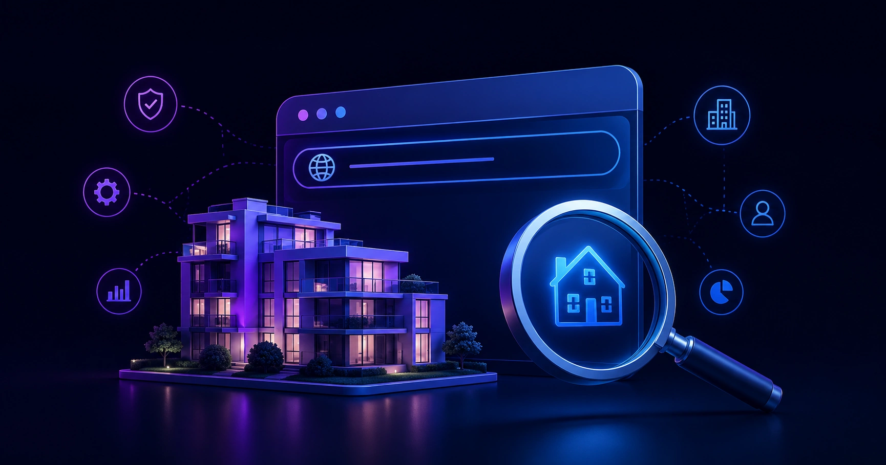 Magnifying glass inspecting a browser URL with property icons