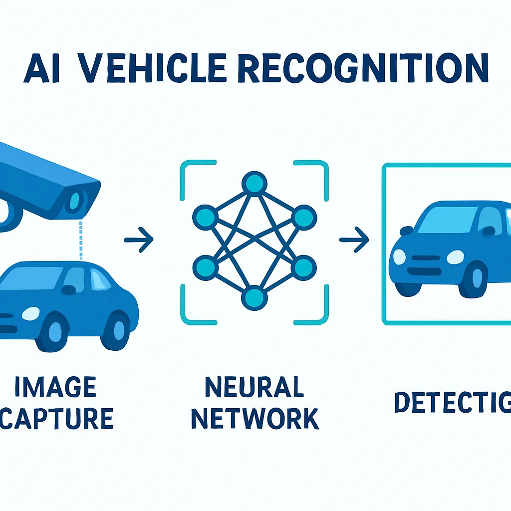 Infographic showing how vehicle recognition AI processes an image step by step