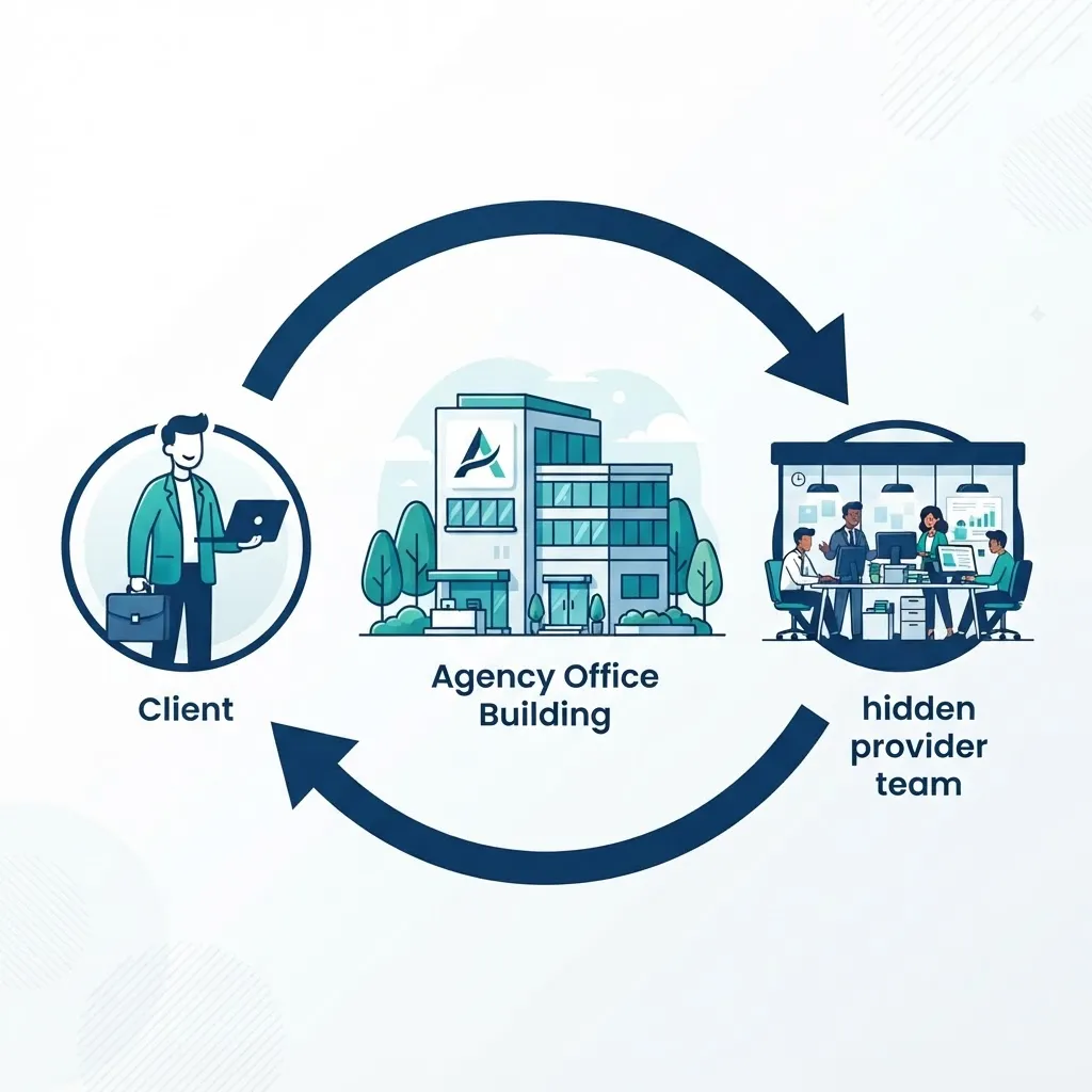 Diagram-style illustration showing the client, agency, and behind-the-scenes provider workflow