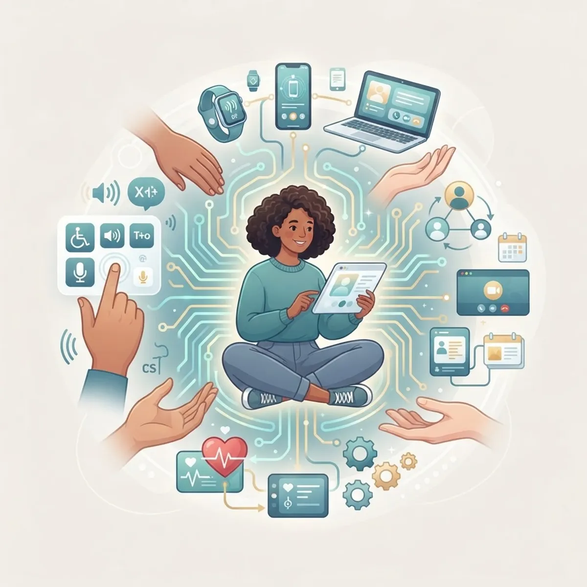 Person surrounded by helpful, accessible, human-centered technology