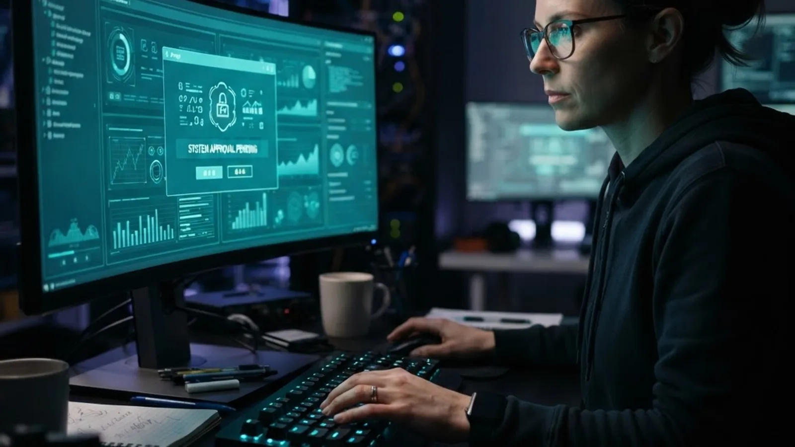 Engineer reviewing an AI approval prompt on a large monitor in a dark workstation