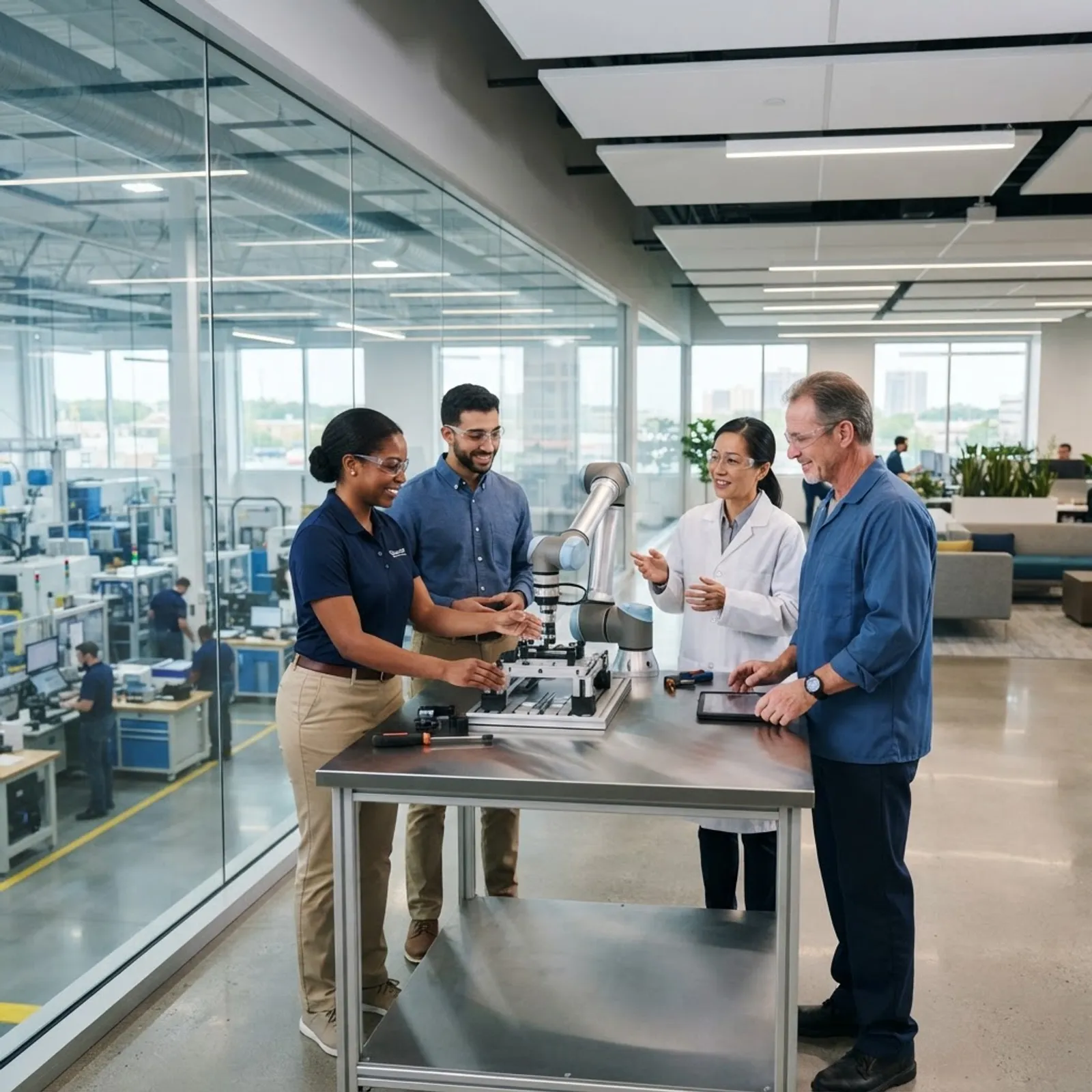 Human and robot working side by side in a modern workplace