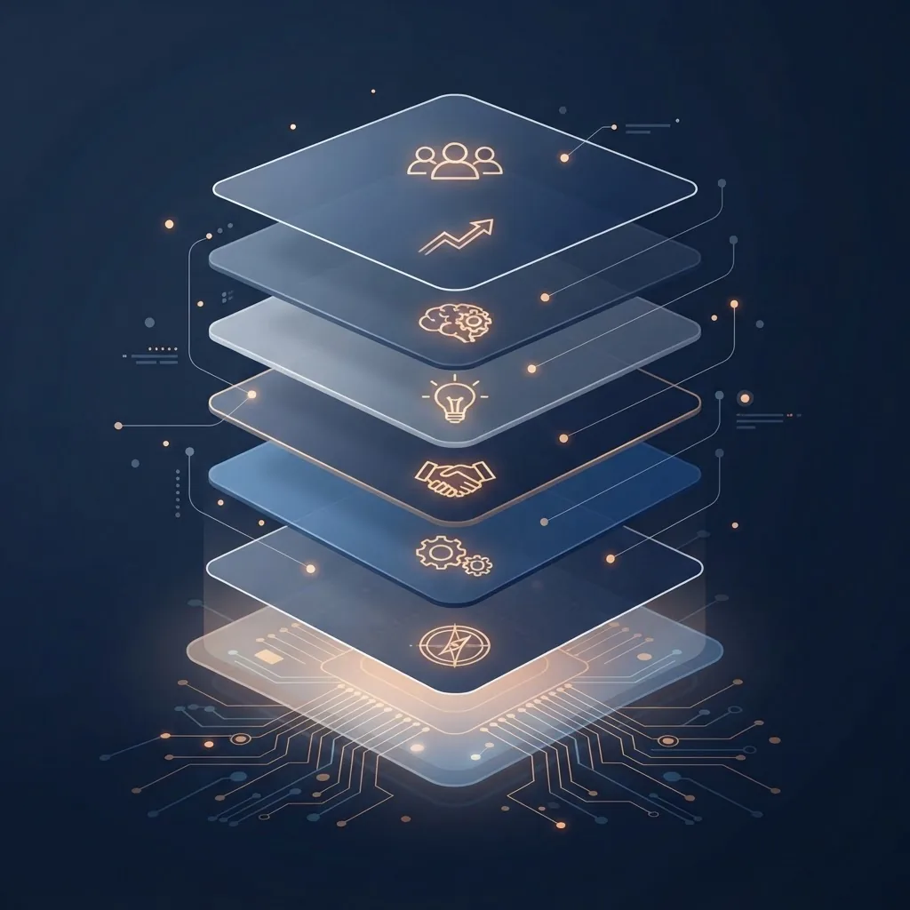 Layered translucent panels with lightbulb, compass, and handshake icons representing durable human skills